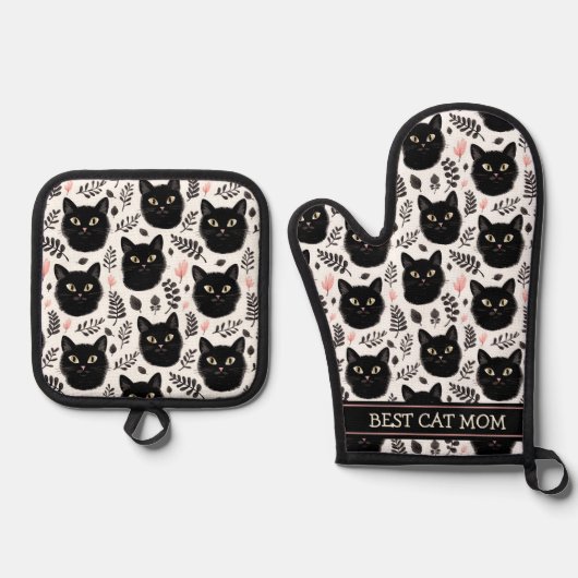 Boho zwarte katten en bladeren patroon beste moede ovenwant & pannenlap set (Voorkant)
