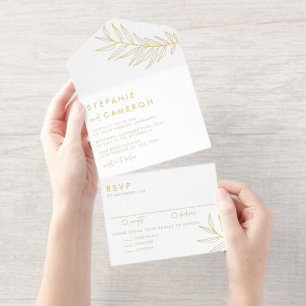 Boho Zwarte Minimalistische Blad Bruiloft All In One Uitnodiging