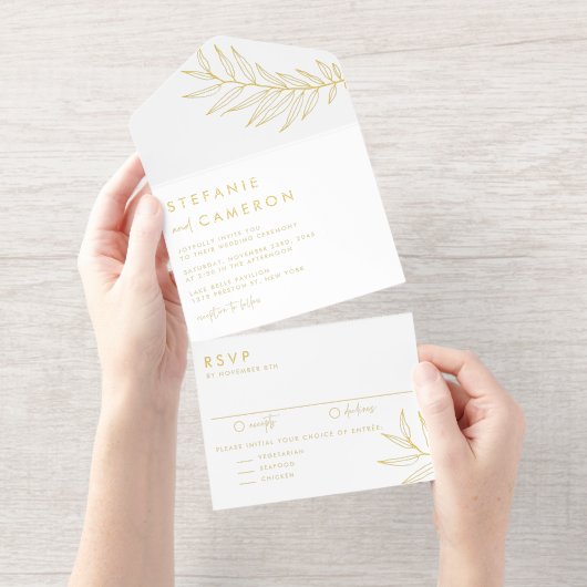 Boho Zwarte Minimalistische Blad Bruiloft All In One Uitnodiging (Uittrekbaar)
