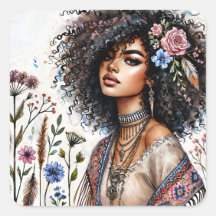 Boho Zwarte Vrouw Met Krullend Haar Waterverf