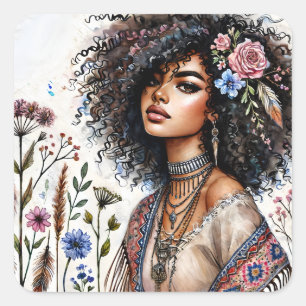 Boho Zwarte Vrouw Met Krullend Haar Waterverf Vierkante Sticker