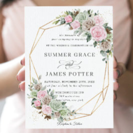 BohoChic Pink Brown Sage Green Floral Wedding Kaart