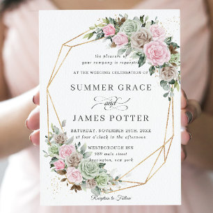 BohoChic Pink Brown Sage Green Floral Wedding Kaart