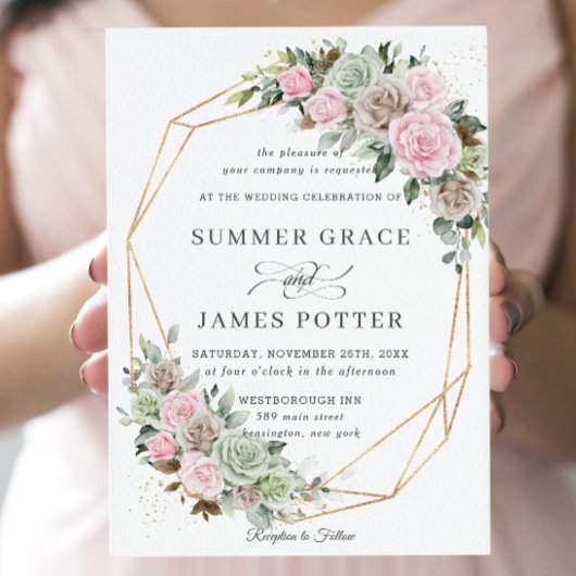 BohoChic Pink Brown Sage Green Floral Wedding Kaart