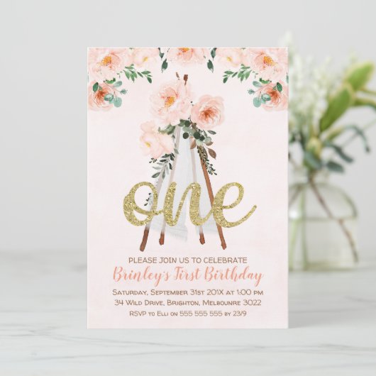 BohoTribal Teepee First Birthday Invitation Kaart (Staand voorkant)