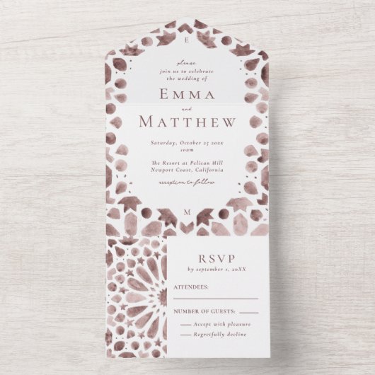 Bohse Waterverf bruine Tegel bruiloft All In One Uitnodiging (Binnen)