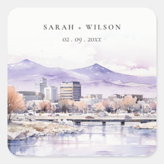Boise, Idaho Watercolor Landscape Wedding Vierkante Sticker (Voorkant)