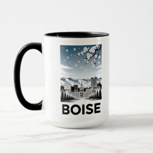 Boise Silhouette Zwart en Wit Houtsnede Winter  Mok