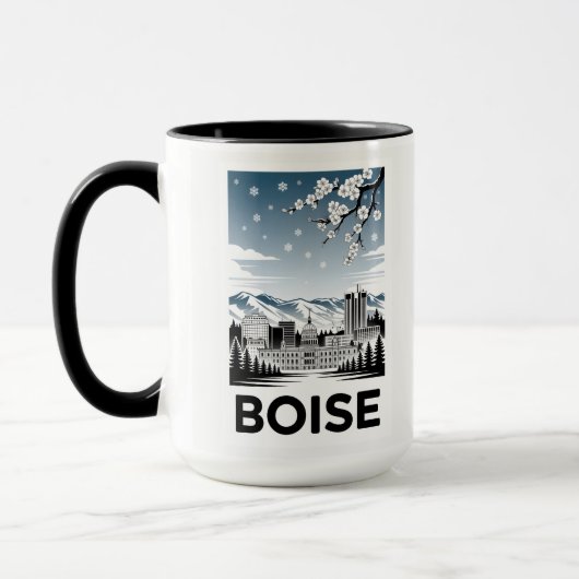 Boise Silhouette Zwart en Wit Houtsnede Winter Mok (Links)