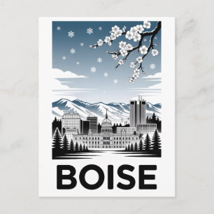 Boise Silhouette Zwarte en Witte Houtsnede Winter Feestdagenkaart