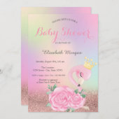 Bokeh, Baby roze flamingo Holographic Baby shower Kaart (Voorkant / Achterkant)