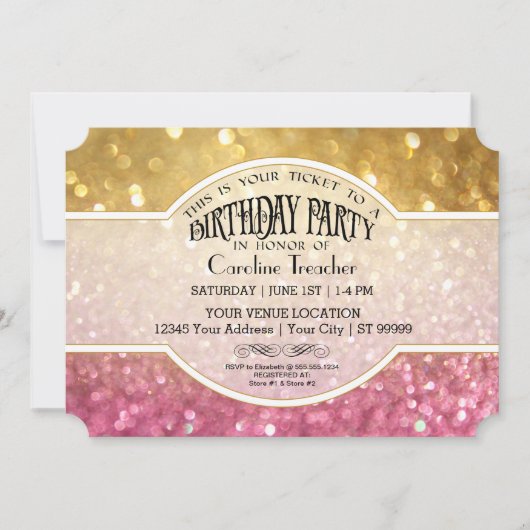 Bokeh Birthday Movie Ticket Style Pink Sparkle Kaart (Voorkant)