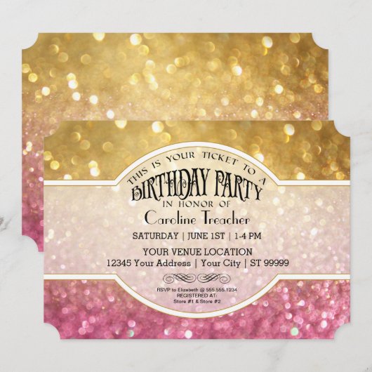 Bokeh Birthday Movie Ticket Style Pink Sparkle Kaart (Voorkant / Achterkant)