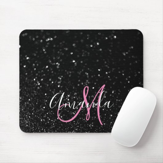 Bokeh Black Glitter Pink and White Monogram Muismat (Met muis)