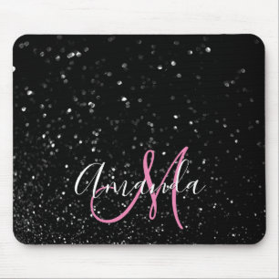 Bokeh Black Glitter Pink and White Monogram Muismat