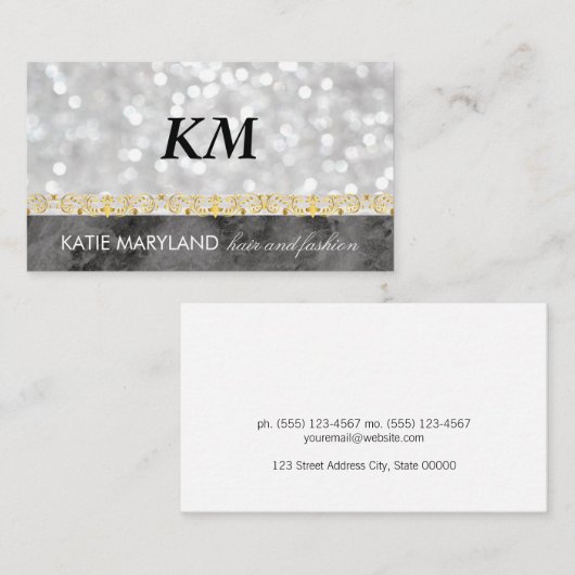Bokeh Black Marble Gold Floral Folie Monogram Visitekaartje (Voorkant / Achterkant)