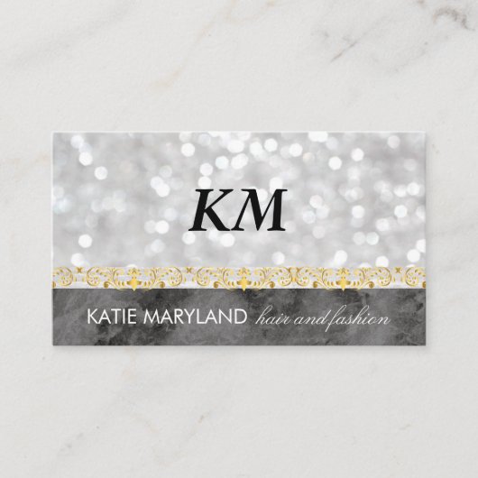 Bokeh Black Marble Gold Floral Folie Monogram Visitekaartje (Voorkant)
