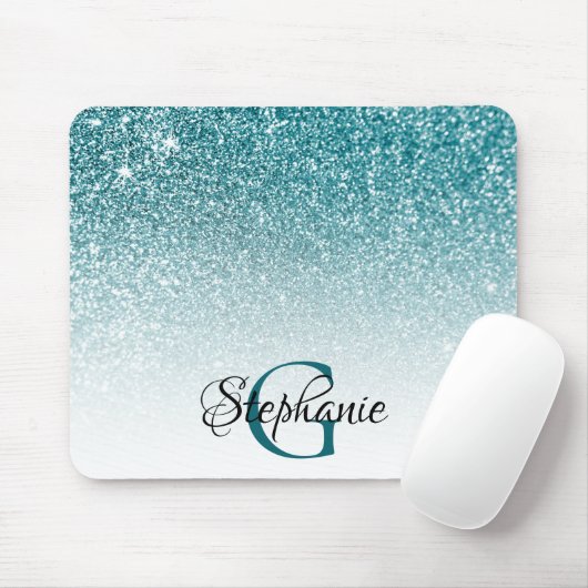Bokeh Blauwgroen Glitter White Ombre Monogram Muismat (Met muis)