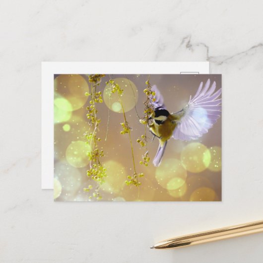 Bokeh Bubbles Flying Hummingbird - Geel Briefkaart (Voorkant / Achterkant in situ)