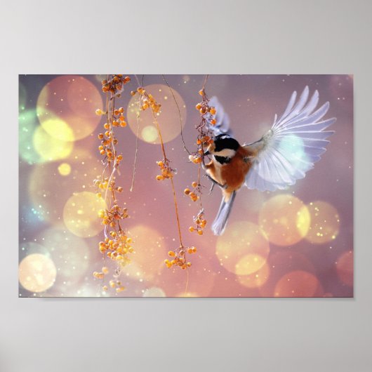 Bokeh Bubbles Flying Hummingbird - Sinaasappel Poster (Voorkant)