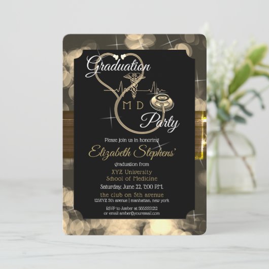 Bokeh Doctor Stethoscoop EKG Graduation Party Kaart (Staand voorkant)