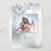 Bokeh Dusty Blue Laurel Eucalyptus Save the Date Kaart (Voorkant / Achterkant)