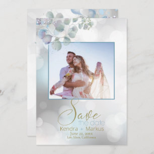 Bokeh Dusty Blue Laurel Eucalyptus Save the Date Kaart