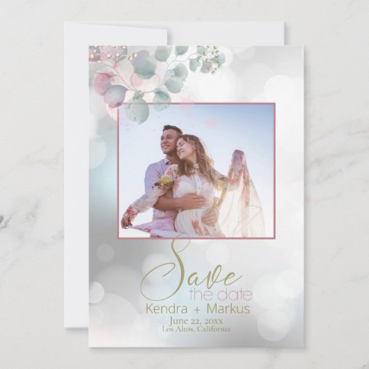 Bokeh en Roos Laurel Eucalyptus Save the Date Kaart (Voorkant)