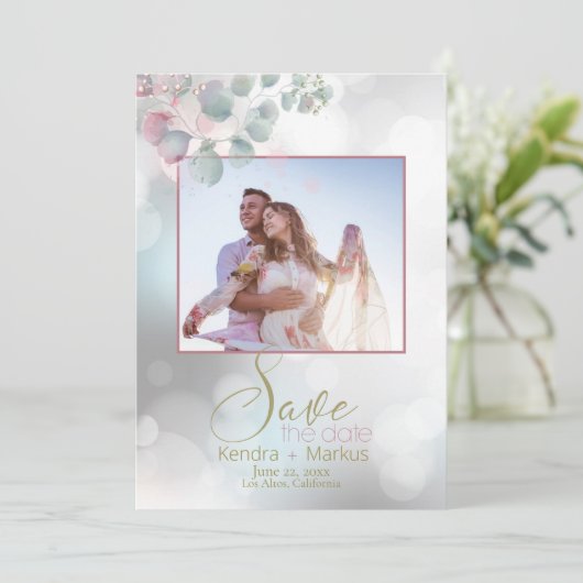 Bokeh en Roos Laurel Eucalyptus Save the Date Kaart (Staand voorkant)
