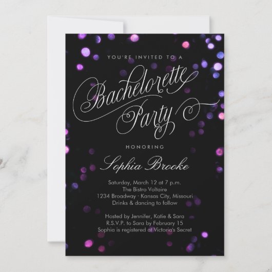 Bokeh Glam Black & Pink Bachelorette Party Invite Kaart (Voorkant)