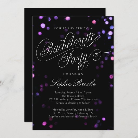 Bokeh Glam Black & Pink Bachelorette Party Invite Kaart (Voorkant / Achterkant)