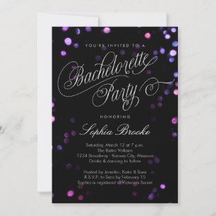 Bokeh Glam Black & Pink Bachelorette Party Invite Kaart