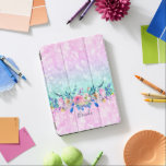 Bokeh Glitter & Colorful Flowers Bouquet iPad Pro Cover<br><div class="desc">Roze en mint-groene bolle achtergrond voorzien van kleurrijke waterverven bloemen bouquet. Aangepast monogram.</div>