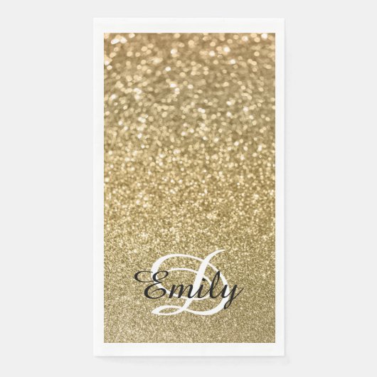 Bokeh Gold Glitter Black en White Monogram Servet (Voorkant)