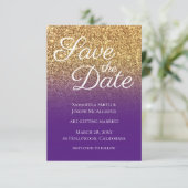 Bokeh Gold Glitter Royal Paars Ombre Save The Date (Staand voorkant)