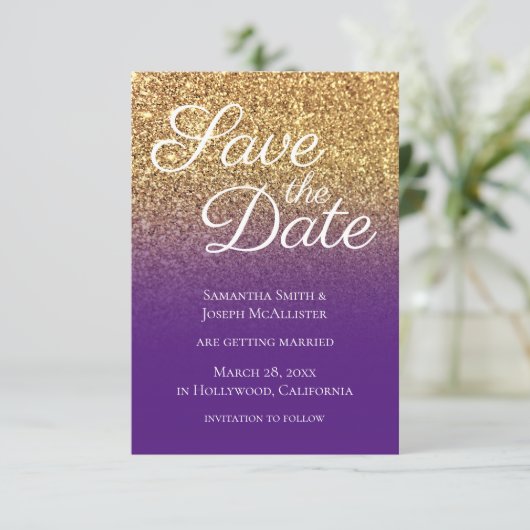 Bokeh Gold Glitter Royal Paars Ombre Save The Date (Staand voorkant)