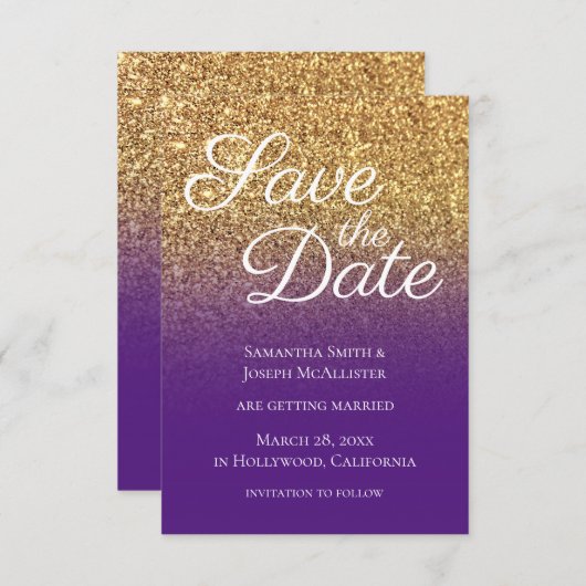 Bokeh Gold Glitter Royal Paars Ombre Save The Date (Voorkant / Achterkant)