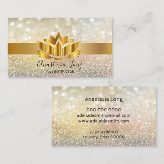 Bokeh Gold, Lotus Flower Yoga Instructor Business Visitekaartje (Voorkant / Achterkant)