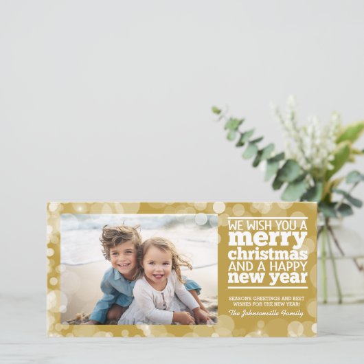 Bokeh Gold Photo - Wij wensen u een prettige kerst Feestdagenkaart (Staand voorkant)