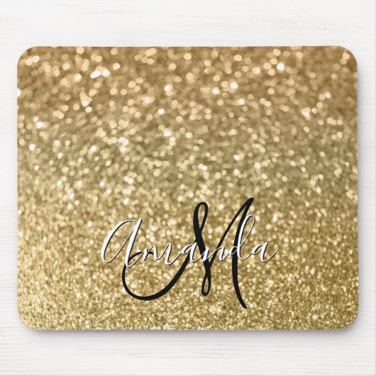 Bokeh Golden Glitter Black en White Monogram Muismat (Voorkant)