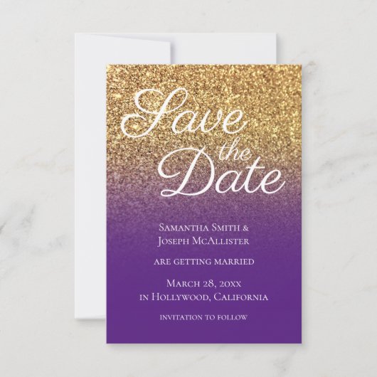 Bokeh Goud Glitter Konings Paars Ombre Save The Date (Voorkant)
