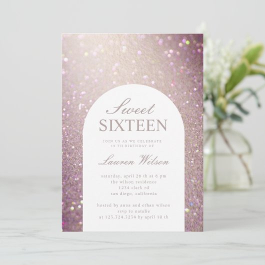 bokeh iridescent koperen glitter zoete zestien kaart (Staand voorkant)