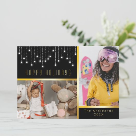 Bokeh Kerstmis Poinsettia Fairy Lights Gold Foto Kaart (Staand voorkant)