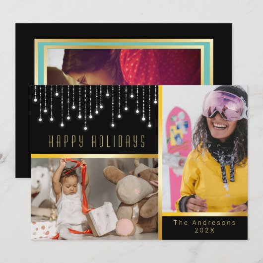 Bokeh Kerstmis Poinsettia Fairy Lights Gold Foto Kaart (Voorkant / Achterkant)