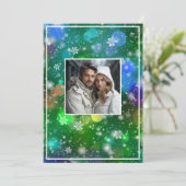 Bokeh Kerstverlichting Sneeuwvlokken Foto Feestdagenkaart (Staand voorkant)
