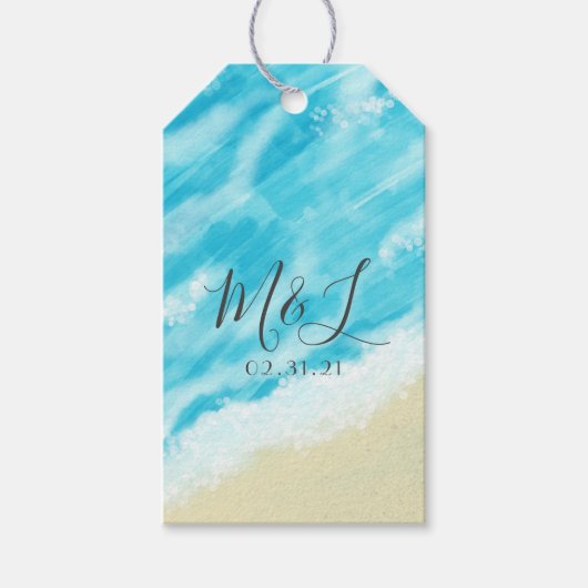 Bokeh Lichten Moderne Strandtrouw Cadeaulabel (Voorkant)