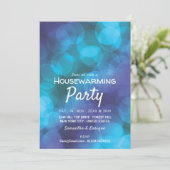 Bokeh Lights, Blue Spot Housewarming Party Invite Aankondiging (Staand voorkant)