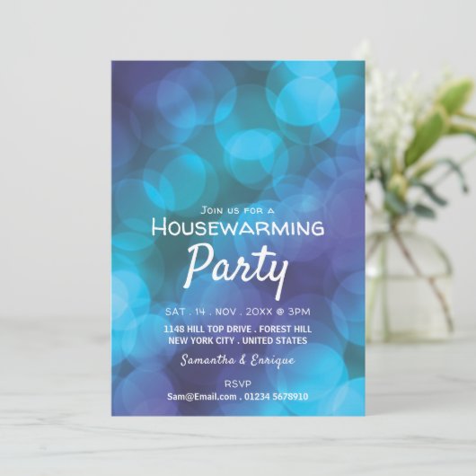 Bokeh Lights, Blue Spot Housewarming Party Invite Aankondiging (Staand voorkant)