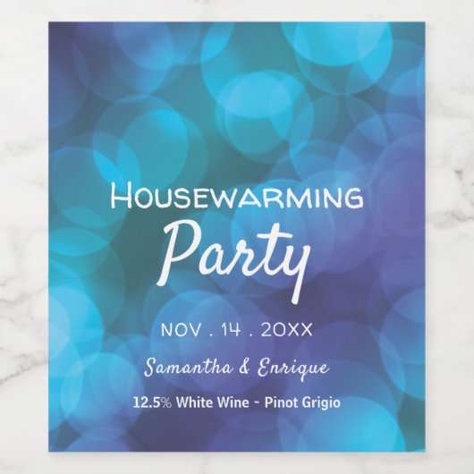 Bokeh Lights, Blue Spot Housewarming Party Wijn Etiket (Enkel label)