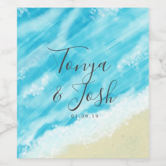 Bokeh Lights Modern Beach Wedding Wijn Etiket (Enkel label)